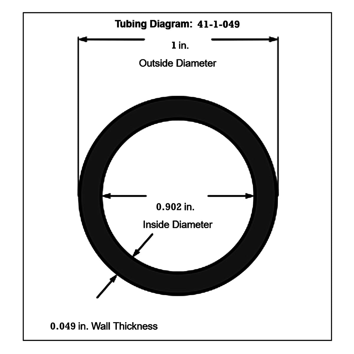 Dimensioned drawing of Pro-Werks 4130N chromoly tubing cross-section: 1 in. outside diameter, 0.902 in. inside diameter, 0.049 in. wall thickness