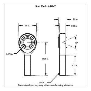 AB6-T_Diagram Aurora Male Chromoly Rod End Left Hand 3 8-24 Thread - 3 8” Hole With Teflon Liner