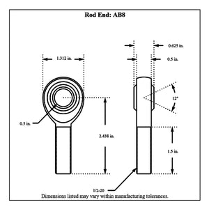 AB8_Diagram Aurora Male Chromoly Rod End Left Hand 1 2-20 Thread - 1 2” Hole Without Teflon Liner