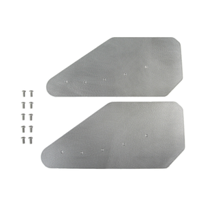 Pair of flat angular Pro-Werks aluminum canards wings with small mounting holes, shown with button-head bolts on a white background