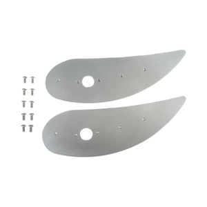 Pair of Pro-Werks teardrop-shaped aluminum canards wings with center tube hole and small mounting holes, shown with ten fasteners