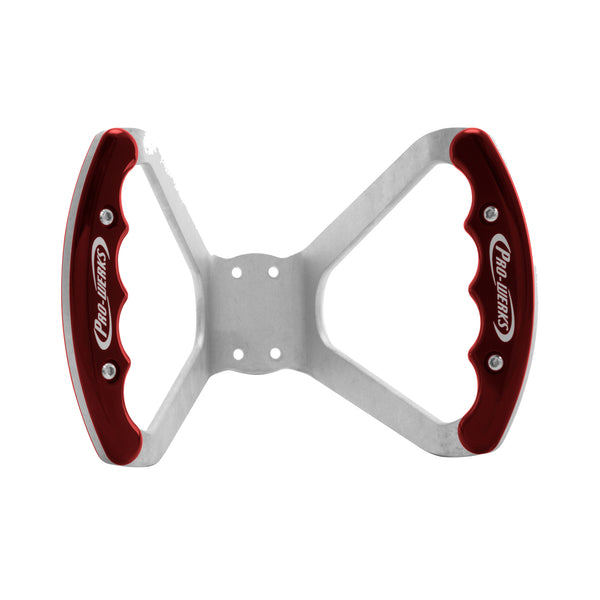 C42-484-D-R Billet Aluminum Butterfly Steering Wheel Raw Aluminum Base Drilled Base Red Grips