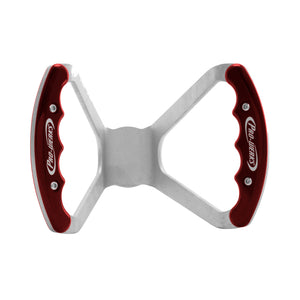 Pro-Werks butterfly steering wheel with raw aluminum base, undrilled center and red grips, front view