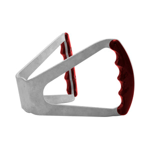 Pro-Werks billet aluminum butterfly steering wheel seen from the side, silver aluminum base with red finger-grooved grips