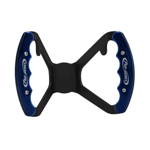 Face-on view of a black anodized billet butterfly steering wheel with contoured blue Pro-Werks grips and an undrilled center