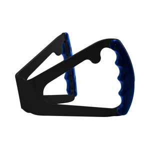 Pro-Werks billet aluminum butterfly steering wheel with black anodized base and blue finger grips, angled view