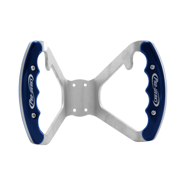 C42-486-B-D-R Billet Aluminum Butterfly Steering Wheel Raw Aluminum Base Drilled Base - with Button Tabs Blue Grips