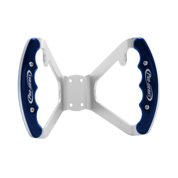 C42-486-B-D Billet Aluminum Butterfly Steering Wheel Silver Anodized Base Drilled Base - with Button Tabs Blue Grips