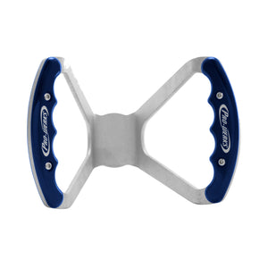 Pro-Werks billet aluminum butterfly steering wheel with raw aluminum base, undrilled center and blue contoured grips, front view