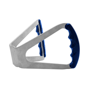 Pro-Werks billet aluminum butterfly steering wheel with silver base and dark blue grips, viewed from the side