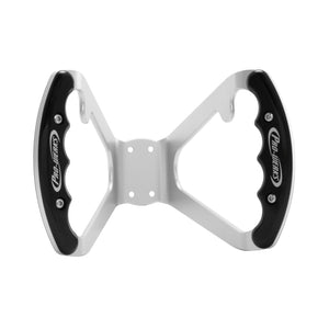 Pro-Werks butterfly wheel with silver anodized billet aluminum base, drilled four-hole center mount and black grips