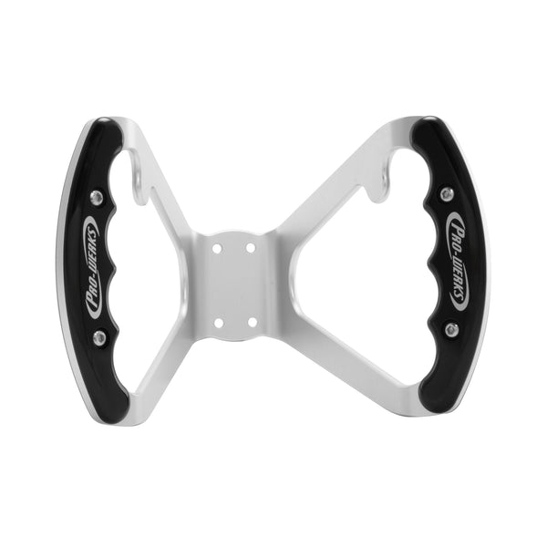 C42-487-B-D Billet Aluminum Butterfly Steering Wheel Silver Anodized Base Drilled Base - with Button Tabs Black Grips