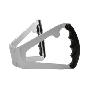 Pro-Werks billet aluminum butterfly steering wheel with silver anodized base and black finger grips, angled view