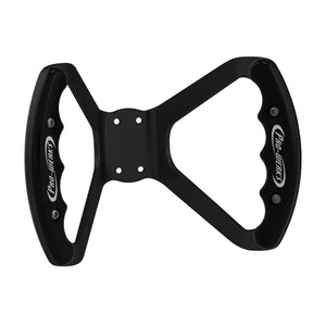 Pro-Werks billet aluminum butterfly steering wheel with black anodized base, black grips and four-hole drilled center mount