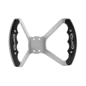 Pro-Werks billet aluminum butterfly steering wheel with raw aluminum base, four-hole drilled center mount and black grips, front view