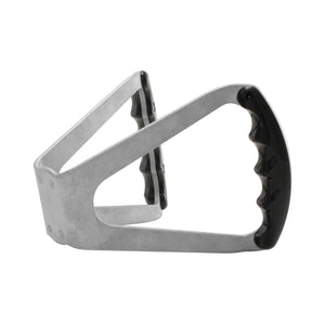 Pro-Werks billet aluminum butterfly steering wheel, side view, with plain silver-gray base and black finger-grooved grips