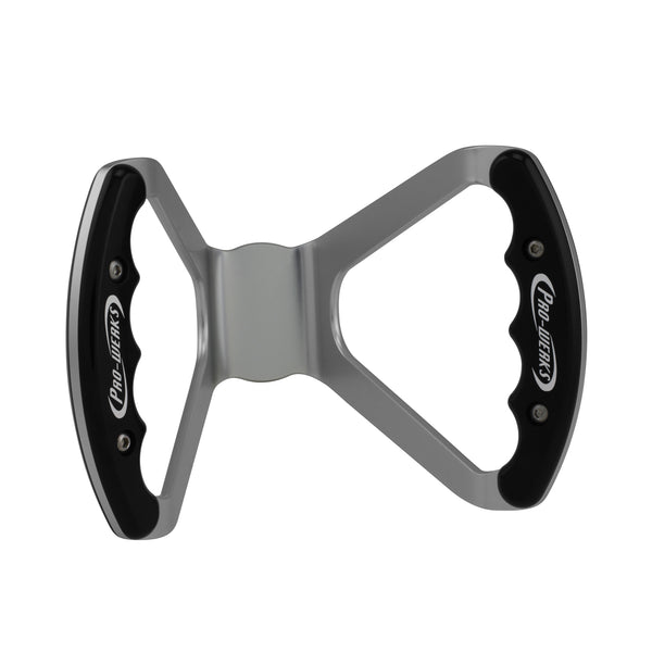 C42-487_front Billet Aluminum Butterfly Steering Wheel Silver Anodized Base Undrilled Base Black Grips