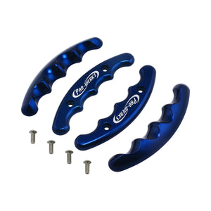 Four blue anodized billet aluminum butterfly wheel grips with finger contours, Pro-Werks logo, shown with four stainless steel screws