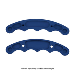 Pair of blue anodized billet aluminum butterfly wheel grips from Pro-Werks, inner faces up showing hidden lightening pockets