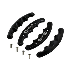Set of four black Pro-Werks billet aluminum butterfly wheel grips with mounting holes, shown with four stainless steel fasteners