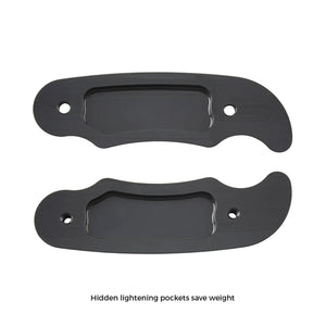 Matching pair of black billet aluminum pull levers from Pro-Werks, each with a recessed lightening pocket and two bolt holes