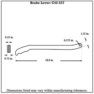 Dimensioned drawing of Pro-Werks polished billet aluminum brake lever rod, 12 in. overall length with 3/8 in. pivot hole and 1.25 in. tail height