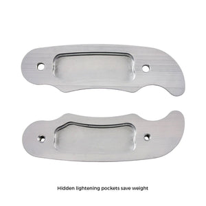 Two polished Pro-Werks billet aluminum grip halves with recessed lightening pockets and a mounting hole at each end
