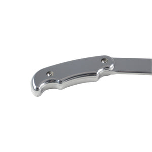 Close-up of the polished billet aluminum grip end of a Pro-Werks pull lever, contoured shape with two flush fasteners, arm running off frame