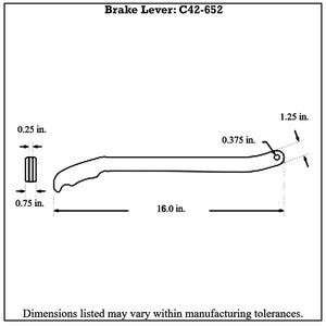 Dimensioned drawing of a Pro-Werks brake lever rod in side view, 16.0 in. overall length with a 0.375 in. pivot hole at the mounting end