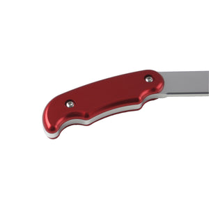 Close-up of the red billet aluminum grip end of a Pro-Werks pull lever, contoured shape with two flush fasteners, arm running off frame
