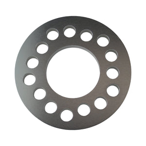 Pro-Werks billet aluminum wheel spacer, a single flat ring with a large center bore and a ring of lug holes for multiple bolt patterns, bare machined finish
