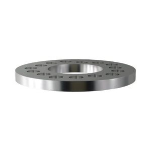 Pro-Werks billet aluminum wheel spacer, single machined ring with a large center bore and a circle of bolt holes, angled view