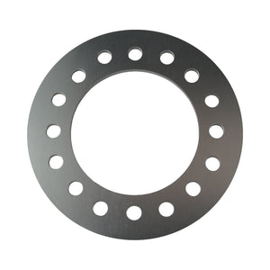 Pro-Werks billet aluminum wheel spacer, a flat ring with 16 bolt holes around a large center bore, brushed silver-gray finish