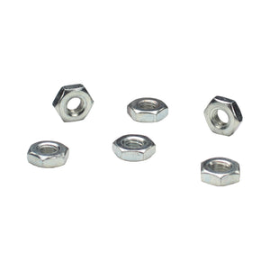 Six Pro-Werks plated steel hex jam nuts, half the height of standard nuts, shown loose on a white background