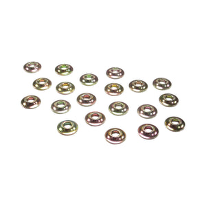 Bag of 20 Pro-Werks rod end safety washers in gold zinc-plated mild steel, each with a radius undercut around the 5/16 in. hole