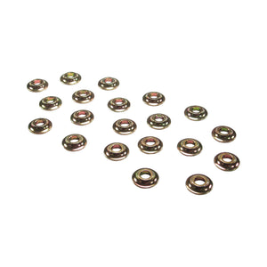 Bag of 20 Pro-Werks mild steel rod end safety washers, gold zinc plated metal washers, each with a radius undercut around a 3/8 in. hole