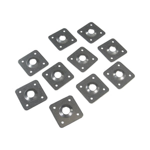 Ten square aluminum doubler plates from Pro-Werks, each dimpled around a center hole with four rivet holes and a satin finish