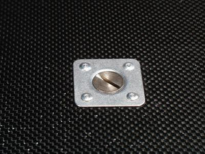 Pro-Werks square aluminum doubler plate with satin finish, four rivet holes and a flat-head quarter-turn button fitted in the center hole