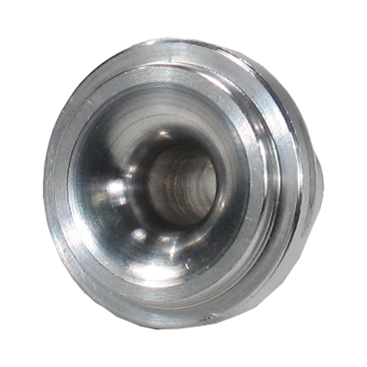 Pro-Werks mild steel weld bung seen end-on, showing the contoured inlet bore and stepped outer shoulder