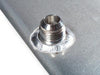 Pro-Werks mild steel male AN weld bung shown welded into a flat gray panel, threaded inlet up, with a TIG weld bead ringing its base