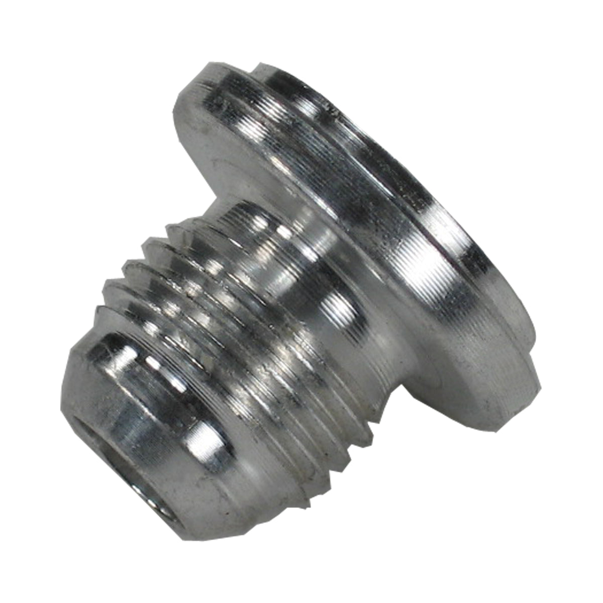 Pro-Werks male weld bung in mild steel, -6 AN threaded nose with contoured inlet and 7/8 in. flat round weld flange