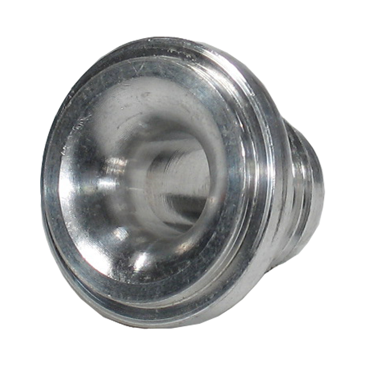 Machined mild steel weld bung from Pro-Werks, shown at an angle with a contoured flared inlet face and external threads