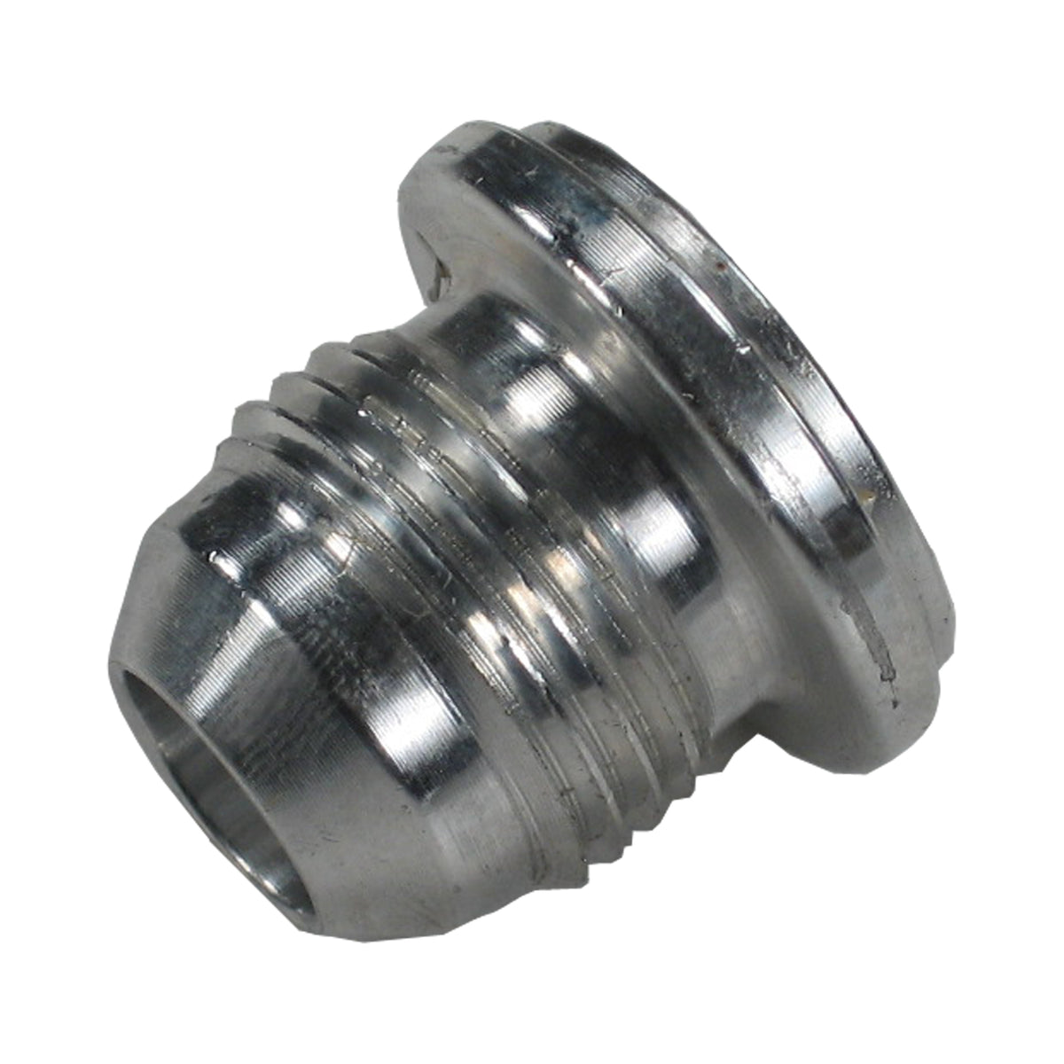 Pro-Werks male weld bung, -8 AN thread with contoured inlet and stepped shoulder, machined mild steel, 1 in. diameter