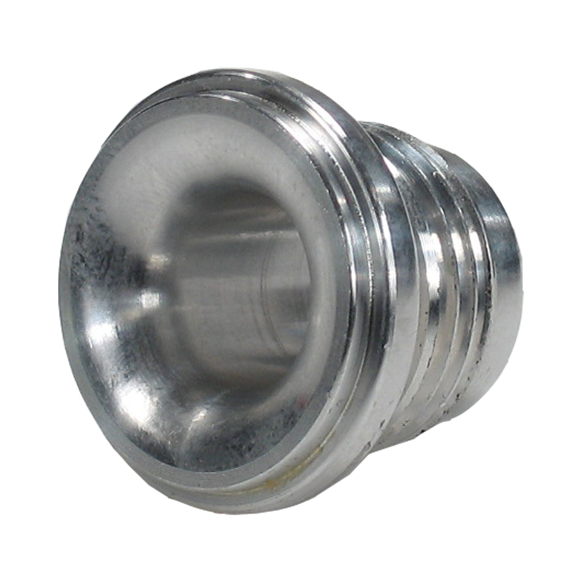 Pro-Werks mild steel male weld in bung, machined threads on the outer shank and contoured tapered inlet bore, angled view