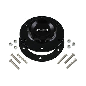 C73-705-BLK_2 Pro-werks Easy Turn Fuel Cell Filler Cap with Lanyard Boss and 6-Bolt Aluminum Fuel Cell Bung Black 6 Bolt: 2-3 4 Inch Cap Black