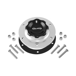 C73-705_10 Pro-werks Easy Turn Fuel Cell Filler Cap with Lanyard Boss and 12-Bolt Aluminum Fuel Cell Bung Silver 6 Bolt: 2-3 4 Inch Cap Black