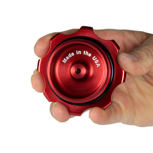 C73-705_15 Pro-werks Easy Turn Fuel Cell Filler Cap with Lanyard Boss and 12-Bolt Aluminum Fuel Cell Bung Silver 6 Bolt: 2-3 4 Inch Cap Black