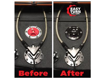 C73-705_19 Easy Turn Fill Cap with Lanyard Boss and Aluminum Fuel Cell Bung Silver 6 Bolt: 2-3 4 Inch Cap Black