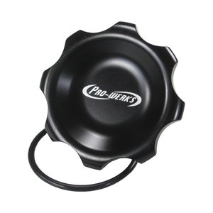 C73-705_5 Pro-werks Easy Turn Fuel Cell Filler Cap with Lanyard Boss and 12-Bolt Aluminum Fuel Cell Bung Silver 6 Bolt: 2-3 4 Inch Cap Black
