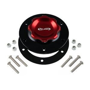 C73-706-BLK_2 Pro-werks Easy Turn Fuel Cell Filler Cap with Lanyard Boss and 6-Bolt Aluminum Fuel Cell Bung Black 6 Bolt: 2-3 4 Inch Cap Red
